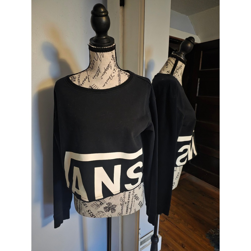 Vintage Vans Womens Black Cropped Graphic Logo Sweatshirt Pullover Size M
